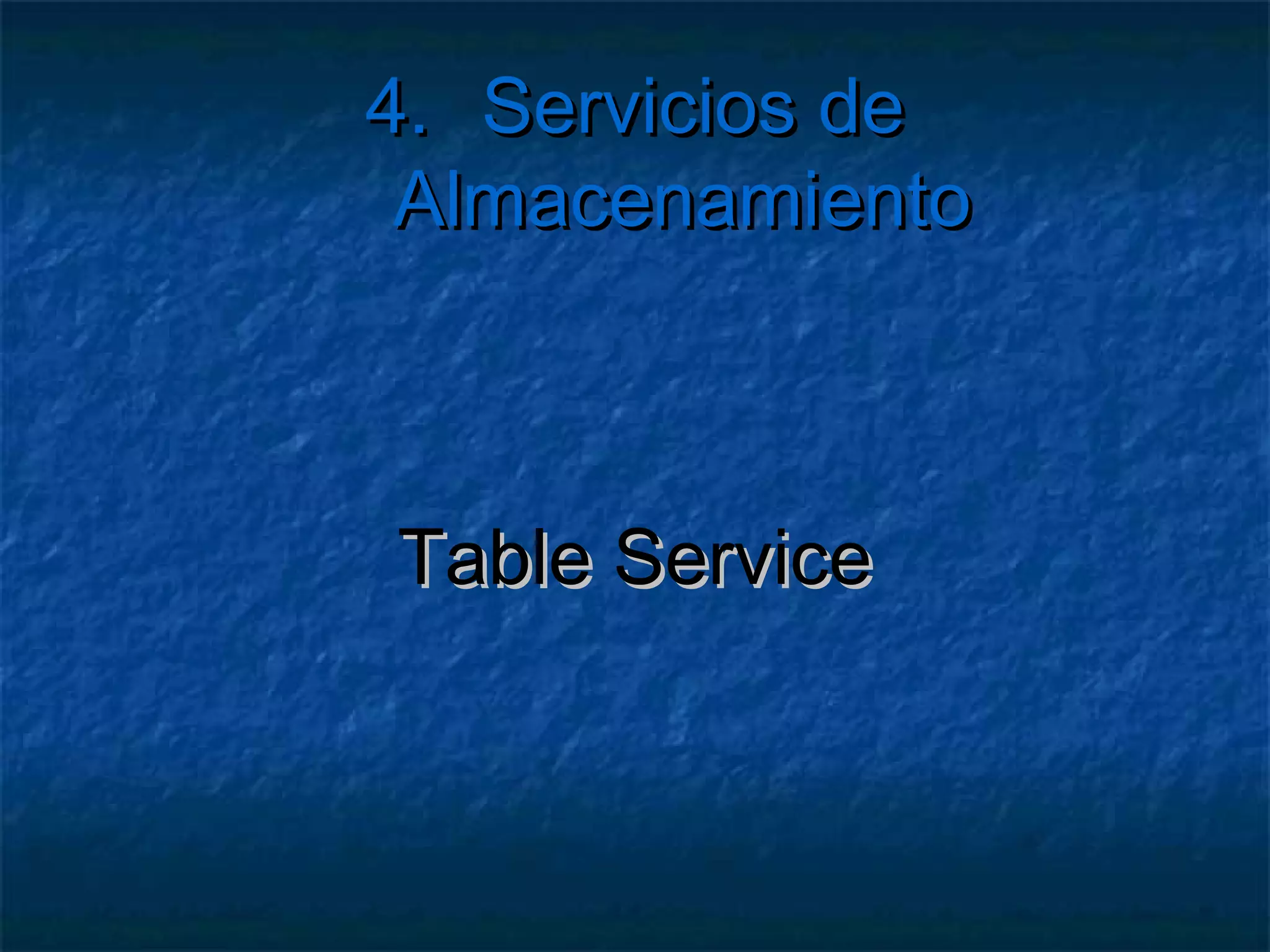 4. Servicios de Almacenamiento
4.   Propiedades de los BLOB
        blob.FetchAttributes();
        blob.Properties y blob.Metadata
            BlobType
            ContentType
            LastModifiedTimeUtc
            Length
            ContentEncoding
            ContentLanguage
            ContentMD5
            …
 