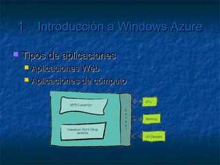 1.      Introducción a Windows Azure

   Windows Azure
      Sistema  Operativo
      En Nube
      Ejecución escalable
       de aplicaciones
        Front-end
        Back-end
 