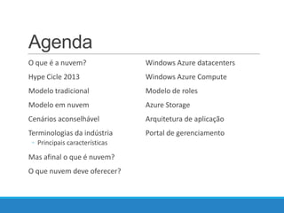 Agenda
O que é a nuvem?

Windows Azure datacenters

Hype Cicle 2013

Windows Azure Compute

Modelo tradicional

Modelo de roles

Modelo em nuvem

Azure Storage

Cenários aconselhável

Arquitetura de aplicação

Terminologias da indústria

Portal de gerenciamento

◦ Principais características

Mas afinal o que é nuvem?
O que nuvem deve oferecer?

 