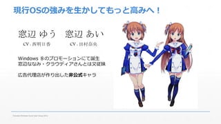 現行OSの強みを生かしてもっと高みへ！ 
窓辺ゆう 
CV : 西明日香 
Windows ８のプロモーションにて誕生 
窓辺ななみ・クラウディアさんとは又従妹 
広告代理店が作り出した非公式キャラ 
Fukuoka Windows Azure User Group 2014 
窓辺あい 
CV : 田村奈央 
 