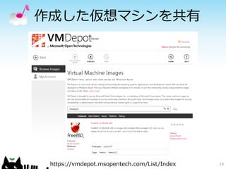 作成した仮想マシンを共有 
14 
https://vmdepot.msopentech.com/List/Index  