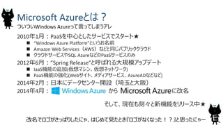 Microsoft Azureとは？
2010年1月：PaaSを中心としたサービスでスタート★
 “Windows Azure Platform”というお名前
 Amazon Web Services（AWS）などと同じパブリッククラウド
 クラウドサービスやSQL AzureなどのPaaSサービスのみ
2012年6月：”Spring Release”と呼ばれる大規模アップデート
 IaaS機能の追加(仮想マシン、仮想ネットワーク)
 PaaS機能の強化(Webサイト、メディアサービス、AzureADなどなど)
2014年2月：日本にデータセンター開設（埼玉と大阪）
2014年4月： から に改名
そして、現在も刻々と新機能をリリース中★
7
ついついWindows Azureって言ってしまうアレ
改名でロゴがさっぱりしたにゃ、はじめて見たとき『ロゴがなくなった！？』と思ったにゃー
 
