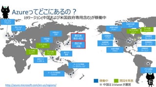 Azureってどこにあるの？
8
19リージョン(中国および米国政府専用含む)が稼働中
西ヨーロッパ
オランダ
中国(北)*
北京
東日本
東京・埼玉
西日本
大阪
東アジア
香港
東南アジア
シンガポール
オーストラリア南東部
ヴィクトリア
オーストラリア東部
ニューサウスウェールズ
中国(南)*
上海
北ヨーロッパ
アイルランド
米国中央部
アイオワ
米国西部
カリフォルニア
米国東部
ヴァージニア
米国東部2
ヴァージニア
米国政府
ヴァージニア
米国中北部
イリノイ
米国政府
アイオワ
米国中南部
テキサス
稼働中 開設を発表
※ 中国は 21Vianet が運営
ブラジル南部
サンパウロ
インド (南)
チェンナイ
インド (中央)
プネ
インド(西)
ムンバイ
カナダ(東)
ケベック市カナダ (中央)
トロント
http://azure.microsoft.com/en-us/regions/
 