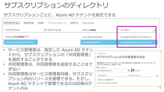 サブスクリプションごとに、Azure AD テナントを指定できる
• サービス管理者は、指定した Azure AD テナン
トから、サブスクリプションの「共同管理者」
を選択することができる
• 共同管理者は、共同管理者を追加することはで
きない
• 共同管理者はサービス管理者同様、サブスクリ
プション内のリソースを管理できる。ただし、
Azure AD テナントで管理できるのは自身のテ
ナントのみ
 