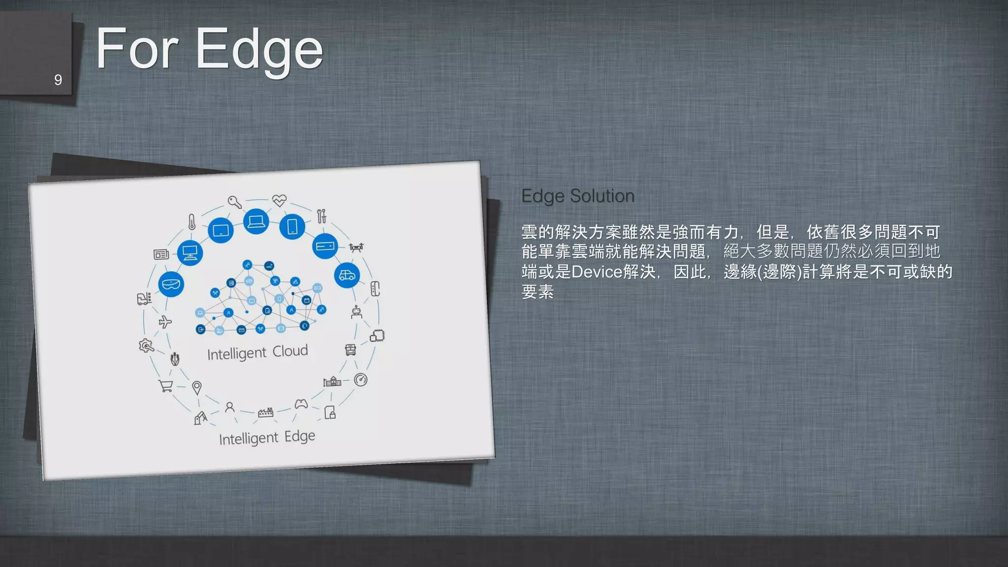 For Edge
Edge Solution
雲的解決方案雖然是強而有力，但是，依舊很多問題不可
能單靠雲端就能解決問題，絕大多數問題仍然必須回到地
端或是Device解決，因此，邊緣(邊際)計算將是不可或缺的
要素
9
 