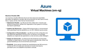 Azure
Virtual Machines (vm-rg)
Machines Virtuelles (VM)
Les machines virtuelles (VM) dans Azure sont des ressources essentielles
permettant de déployer et de gérer des environnements de calcul dans le cloud.
Voici un aperçu de leur rôle et de leur fonctionnement :
• Déploiement Flexible : Les VM peuvent être créées dans n'importe quel
groupe de ressources, facilitant leur organisation et leur gestion en fonction
des besoins spéci
fi
ques.
• Isolation des Ressources : Chaque VM fonctionne dans un environnement
isolé, garantissant que les opérations sur une VM n'a
ff
ectent pas les autres.
• Con
fi
guration et Personnalisation : Les VM peuvent être con
fi
gurées avec
des ressources spéci
fi
ques comme la CPU, la mémoire, et le stockage,
adaptées aux exigences des applications ou des services qu'elles hébergent.
• Gestion du Cycle de Vie : Les VM peuvent être facilement provisionnées,
modi
fi
ées ou supprimées en fonction des besoins opérationnels, o
ff
rant une
grande
fl
exibilité pour les environnements dynamiques.
• Évolutivité : Azure permet d'ajuster les caractéristiques des VM (comme le
nombre de CPU et la taille de la mémoire) en fonction des besoins,
permettant ainsi une scalabilité horizontale et verticale.
 