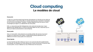 Cloud computing
Le modèles de cloud
Cloud privé
Il s’agit d’un cloud (fournissant des services informatiques sur Internet) qui est utilisé par
une seule entité. Le cloud privé o
ff
re un contrôle beaucoup plus important à l’entreprise
et à son service informatique. Toutefois, il implique également plus de coûts et moins
d’avantages par rapport à un déploiement de cloud public.
En
fi
n, un cloud privé peut être hébergé dans votre centre de données local. Il peut
également être hébergé dans un centre de données dédié hors site, notamment par un
tiers qui le réserve exclusivement à votre entreprise.
Cloud public
Avec un cloud public, toute personne qui souhaite acheter des services cloud peut
accéder aux ressources et les utiliser. La disponibilité publique générale est une
di
ff
érence clé entre le cloud public et le cloud privé.
Cloud hybride
Le cloud hybride peut être utilisé pour fournir une couche de sécurité supplémentaire.
Par exemple, les utilisateurs ont toute latitude pour choisir les services à conserver dans
le cloud public, et ceux à déployer sur leur infrastructure de cloud privé.
 