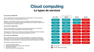 Cloud computing
Le types de services
Cas courant du modèle IaaS :
Avec le modèle IaaS, vous louez essentiellement du matériel dans un centre de données
cloud, mais ce que vous en faites est entre vos mains.
Migration : Vous con
fi
gurez des ressources cloud similaires à celles de votre centre de
données local, puis vous transférez simplement les éléments qui s’exécutent localement a
fi
n
qu’ils s’exécutent dans l’infrastructure IaaS.
Cas courant du modèle PaaS :
Dans un scénario PaaS, vous n’avez pas à vous soucier des licences ni des mises à jour
correctives des systèmes d’exploitation et des bases de données.
Développement : PaaS fournit un framework sur lequel les développeurs peuvent s’appuyer
pour développer ou personnaliser des applications basées sur le cloud
Cas courant du modèle SaaS :
Dans le modèle SaaS, vous louez ou utilisez essentiellement une application entièrement
développée. Les e-mails, les logiciels de gestion
fi
nancière, les applications de messagerie
et les logiciels de connectivité sont tous des exemples courants d’implémentation du SaaS.
Voici quelques scénarios SaaS courants :
• E-mail et messagerie. (Gmail)
• Applications de productivité métier. (Drive, O
ffi
ce 365)
• Divertissement (Net
fl
ix)
• Gestion
fi
nancière et suivi des dépenses.
 