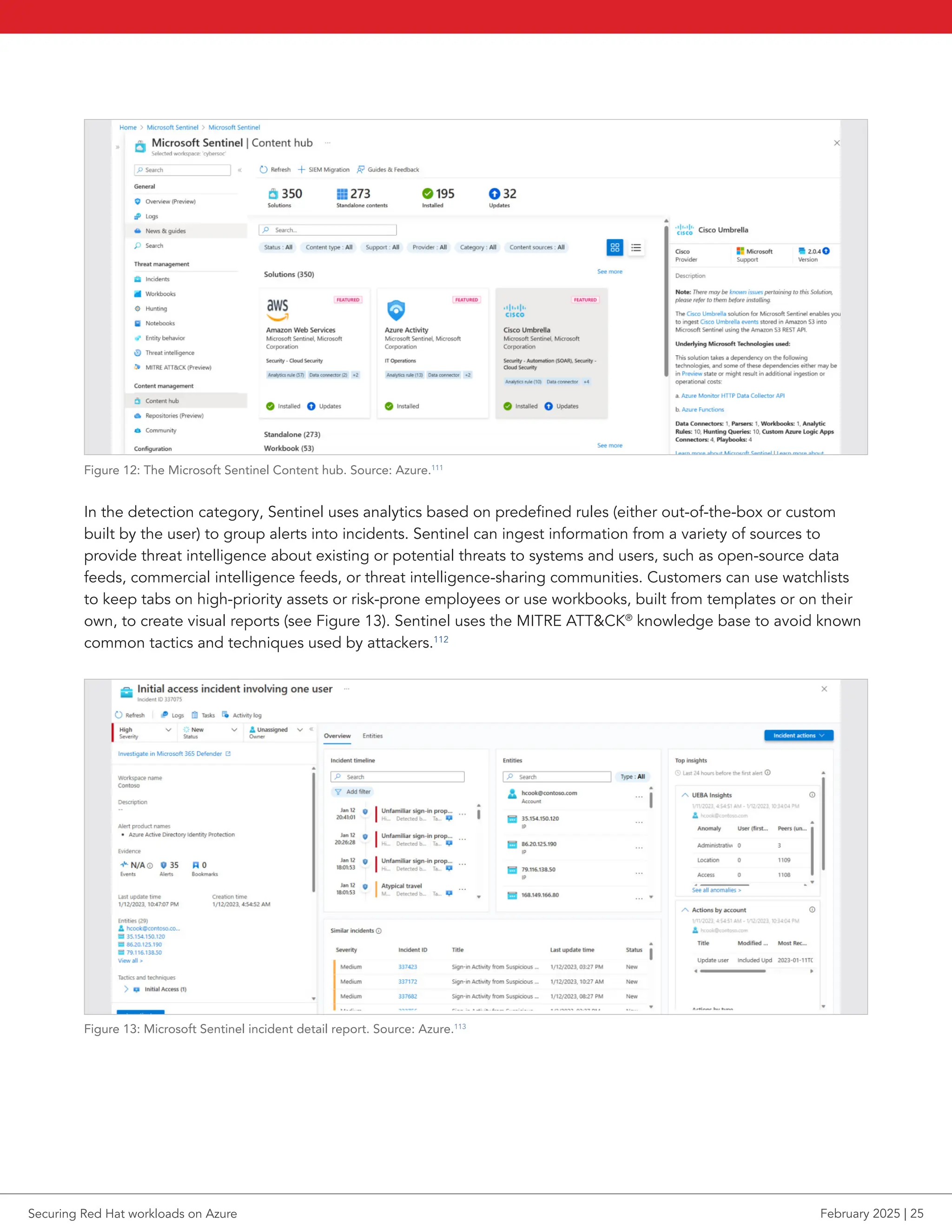 Figure 12: The Microsoft Sentinel Content hub. Source: Azure.111
In the detection category, Sentinel uses analytics based on predefined rules (either out-of-the-box or custom
built by the user) to group alerts into incidents. Sentinel can ingest information from a variety of sources to
provide threat intelligence about existing or potential threats to systems and users, such as open-source data
feeds, commercial intelligence feeds, or threat intelligence-sharing communities. Customers can use watchlists
to keep tabs on high-priority assets or risk-prone employees or use workbooks, built from templates or on their
own, to create visual reports (see Figure 13). Sentinel uses the MITRE ATTCK®
knowledge base to avoid known
common tactics and techniques used by attackers.112
Figure 13: Microsoft Sentinel incident detail report. Source: Azure.113
Securing Red Hat workloads on Azure February 2025 | 25
 