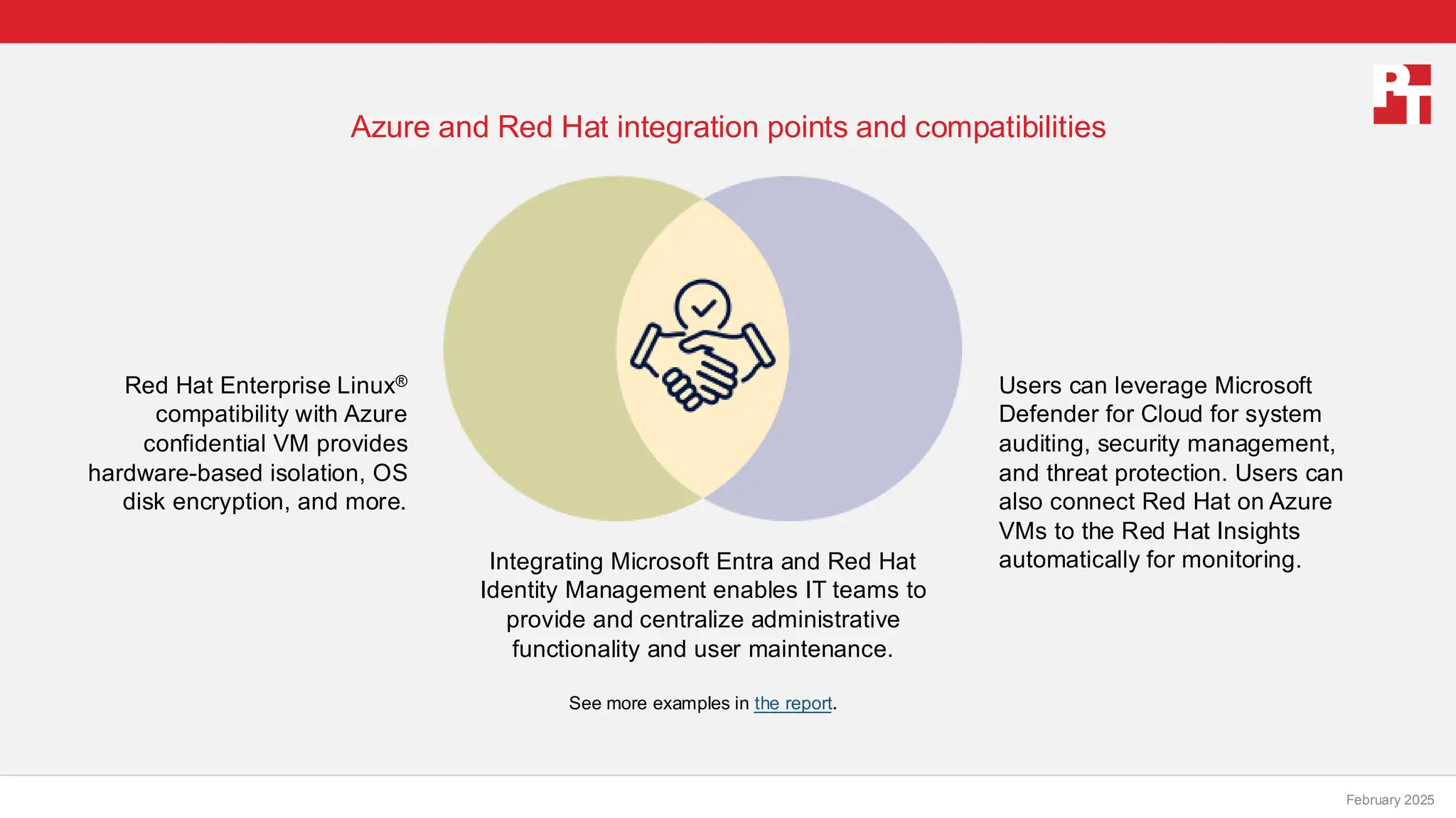 PT logo
Azure and Red Hat integration points and compatibilities
February 20, 2025
Red Hat Enterprise Linux®
compatibility with Azure
confidential VM provides
hardware-based isolation, OS
disk encryption, and more.
Integrating Microsoft Entra and Red Hat
Identity Management enables IT teams to
provide and centralize administrative
functionality and user maintenance.
See more examples in the report.
Users can leverage Microsoft
Defender for Cloud for system
auditing, security management,
and threat protection. Users can
also connect Red Hat on Azure
VMs to the Red Hat Insights
automatically for monitoring.
February 2025
 
