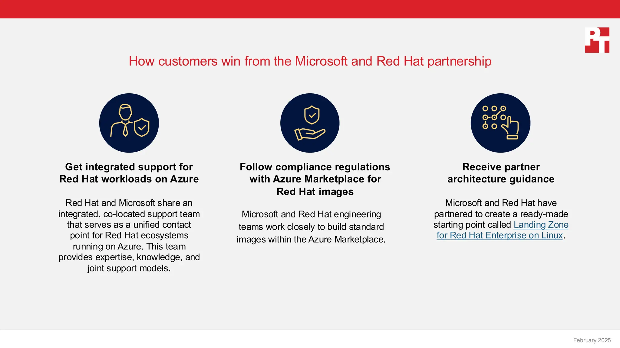 PT logo
How customers win from the Microsoft and Red Hat partnership
February 20, 2025
Red Hat and Microsoft share an
integrated, co-located support team
that serves as a unified contact
point for Red Hat ecosystems
running on Azure. This team
provides expertise, knowledge, and
joint support models.
Get integrated support for
Red Hat workloads on Azure
Microsoft and Red Hat engineering
teams work closely to build standard
images within the Azure Marketplace.
Follow compliance regulations
with Azure Marketplace for
Red Hat images
Microsoft and Red Hat have
partnered to create a ready-made
starting point called Landing Zone
for Red Hat Enterprise on Linux.
Receive partner
architecture guidance
February 2025
 