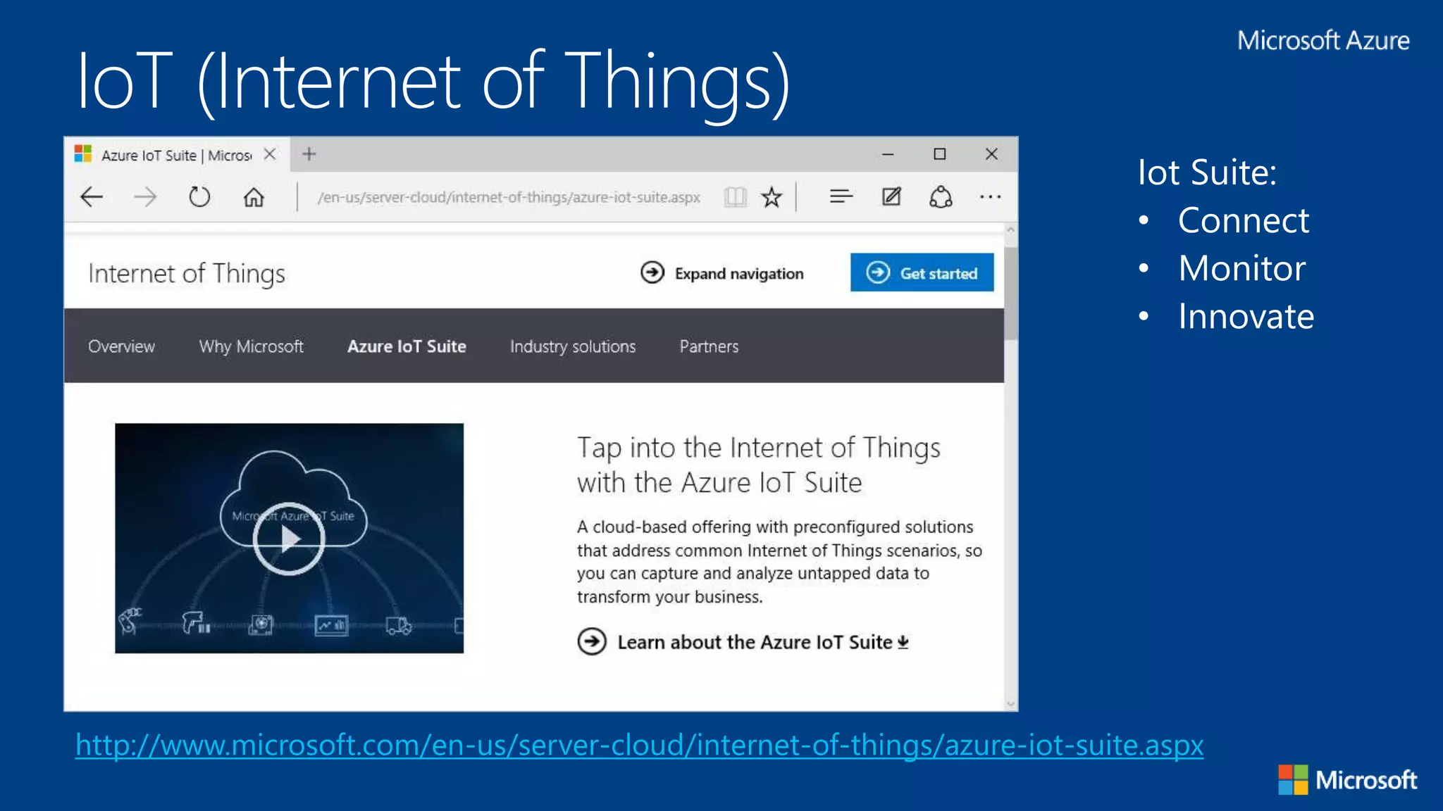 IoT (Internet of Things)
http://www.microsoft.com/en-us/server-cloud/internet-of-things/azure-iot-suite.aspx
Iot Suite:
• Connect
• Monitor
• Innovate
 