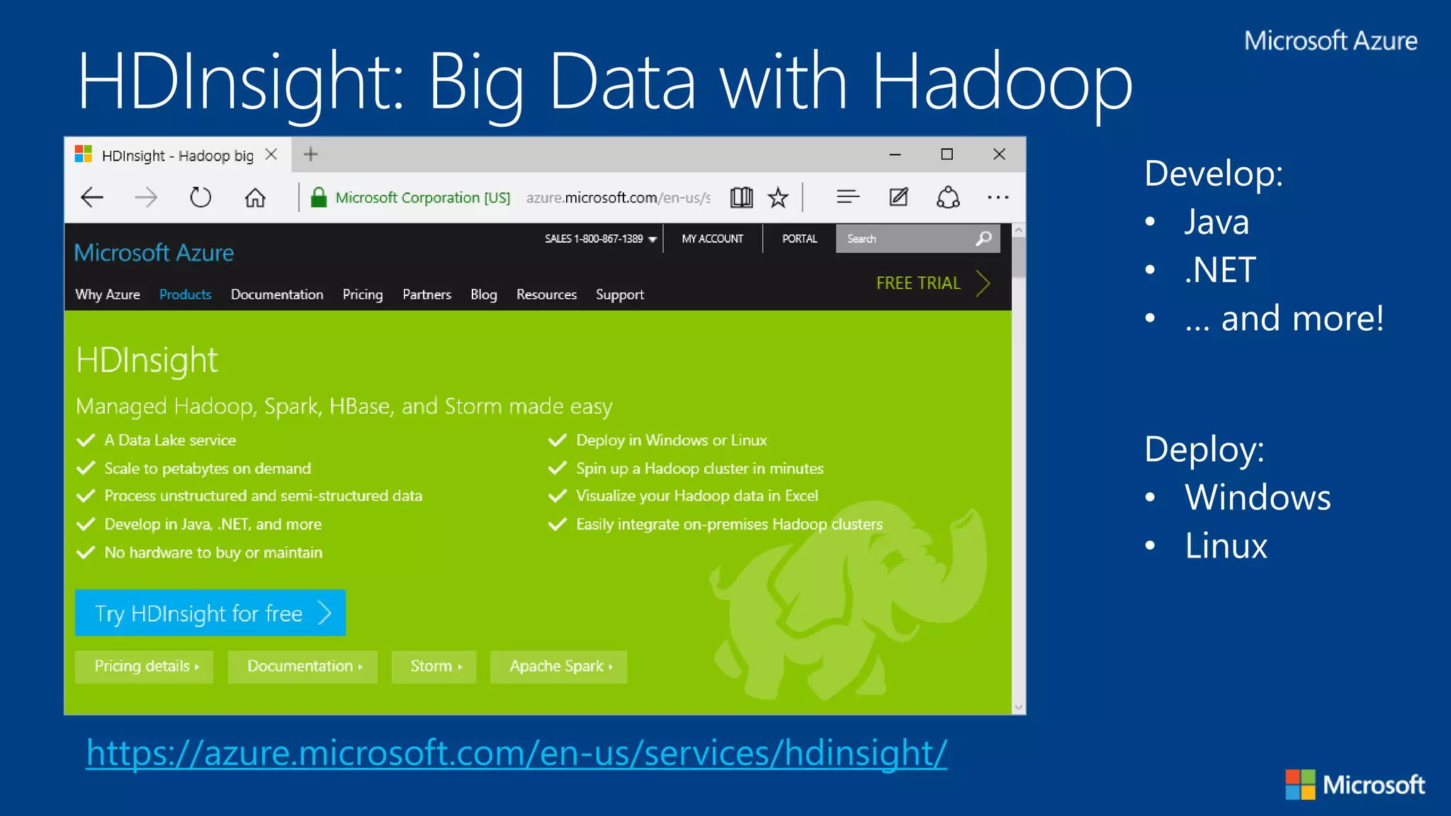HDInsight: Big Data with Hadoop
https://azure.microsoft.com/en-us/services/hdinsight/
Develop:
• Java
• .NET
• … and more!
Deploy:
• Windows
• Linux
 