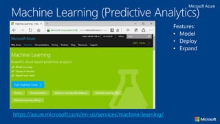Machine Learning (Predictive Analytics)
https://azure.microsoft.com/en-us/services/machine-learning/
Features:
• Model
• Deploy
• Expand
 
