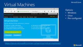 Virtual Machines
https://azure.microsoft.com/en-us/services/virtual-machines/
Options:
• Windows
• Linux
• Pre-configured
 
