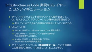 Infrastructure as Code 実現の2レイヤー
2. コンフィギュレーション
 サーバー内でのコマンド実行やファイル操作を通じて、
OS, ミドルウェア, アプリケーション層の設定管理を行う
 要は「シェルでやるような操作の自動化」をしてくれるもの
 OSSツール例:
 Puppet: 2005年〜。Infrastructure as Code 潮流の原点。
 Chef: 2009年〜。Rubyでコードを書ける事から
Web系開発者中心に普及。
 Ansible: 2012年〜。新興故の使いやすや。
2014年 Red Hatが開発元を買収。
 タイトルにも入っている『構成管理ツール』という言葉は、
この層を取り扱うツールを指していることが多い。
 