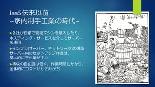 IaaS伝来以前
~家内制手工業の時代~
各社が自前で物理マシンを購入したり、
ホスティング・サービスを介してサーバー
を運用
インフラ(サーバー、ネットワーク)の構築
サーバー内のセットアップ作業は、
基本的に手作業が中心
構成の自由度は低く、作業時間もかかり、
全体的にコストがかさみがち
 