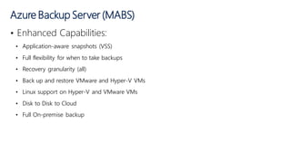 • Enhanced Capabilities:
• Application-aware snapshots (VSS)
• Full flexibility for when to take backups
• Recovery granularity (all)
• Back up and restore VMware and Hyper-V VMs
• Linux support on Hyper-V and VMware VMs
• Disk to Disk to Cloud
• Full On-premise backup
Azure Backup Server (MABS)
 