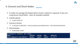 - CONFIDENTIAL -
4. Connect and Check Nodes
29
❖ In order to manage the Kubernettes cluster, kubectl is required. If you are
using Azure Cloud Shell – then its already installed.
❖ Install kubectl
❖ az aks install-cli
❖ Connect Cluster
❖ az aks get-credentials --resource-group azurebootcamp --name bootcampcluster
❖ Check Nodes
❖ kubectl get nodes
 