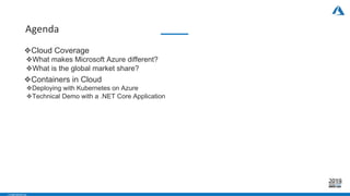 - CONFIDENTIAL -
Agenda
❖Cloud Coverage
❖What makes Microsoft Azure different?
❖What is the global market share?
❖Containers in Cloud
❖Deploying with Kubernetes on Azure
❖Technical Demo with a .NET Core Application
 