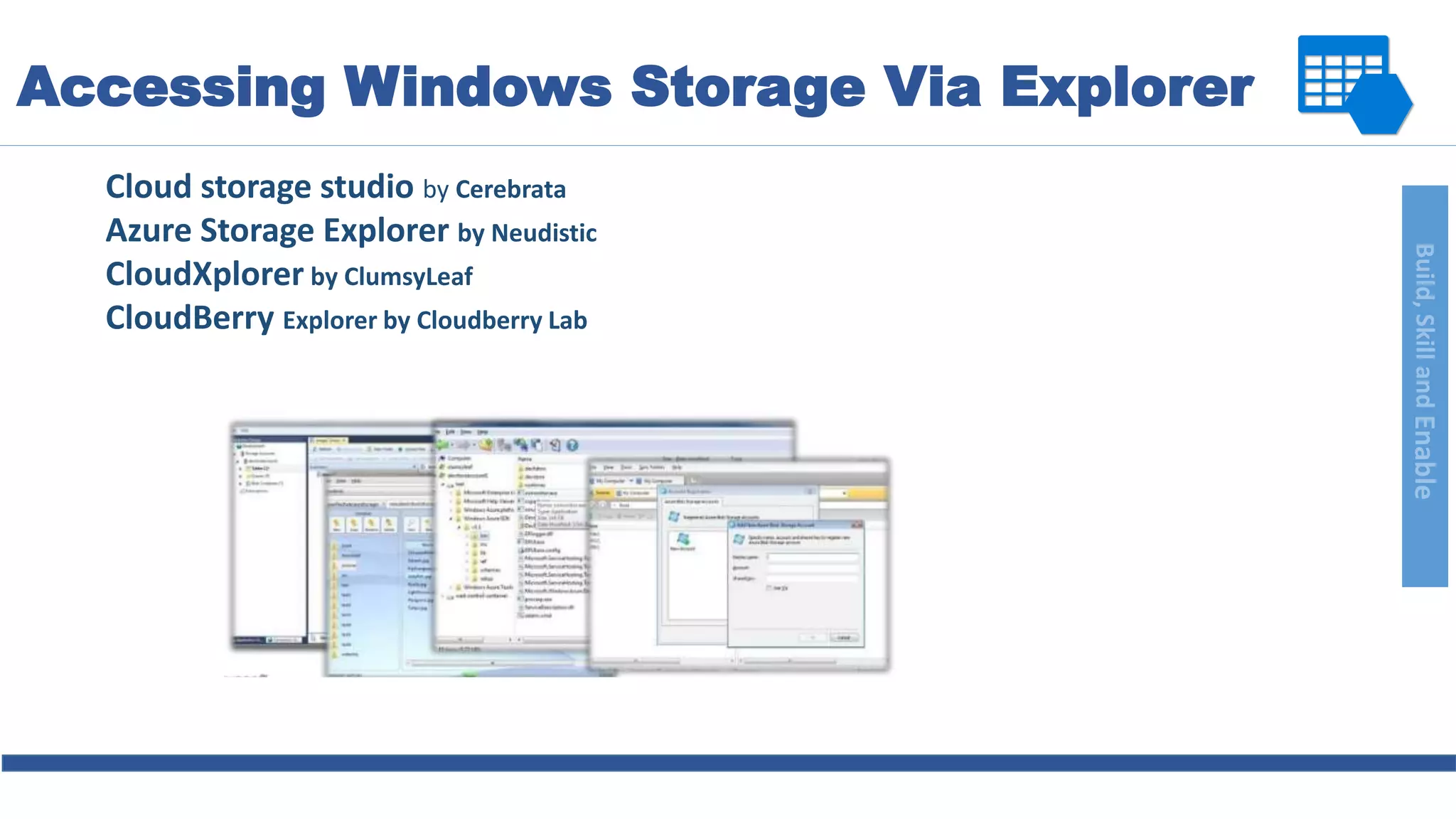 Build,SkillandEnable
Accessing Windows Storage Via Explorer
Cloud storage studio by Cerebrata
Azure Storage Explorer by Neudistic
CloudXplorer by ClumsyLeaf
CloudBerry Explorer by Cloudberry Lab
 