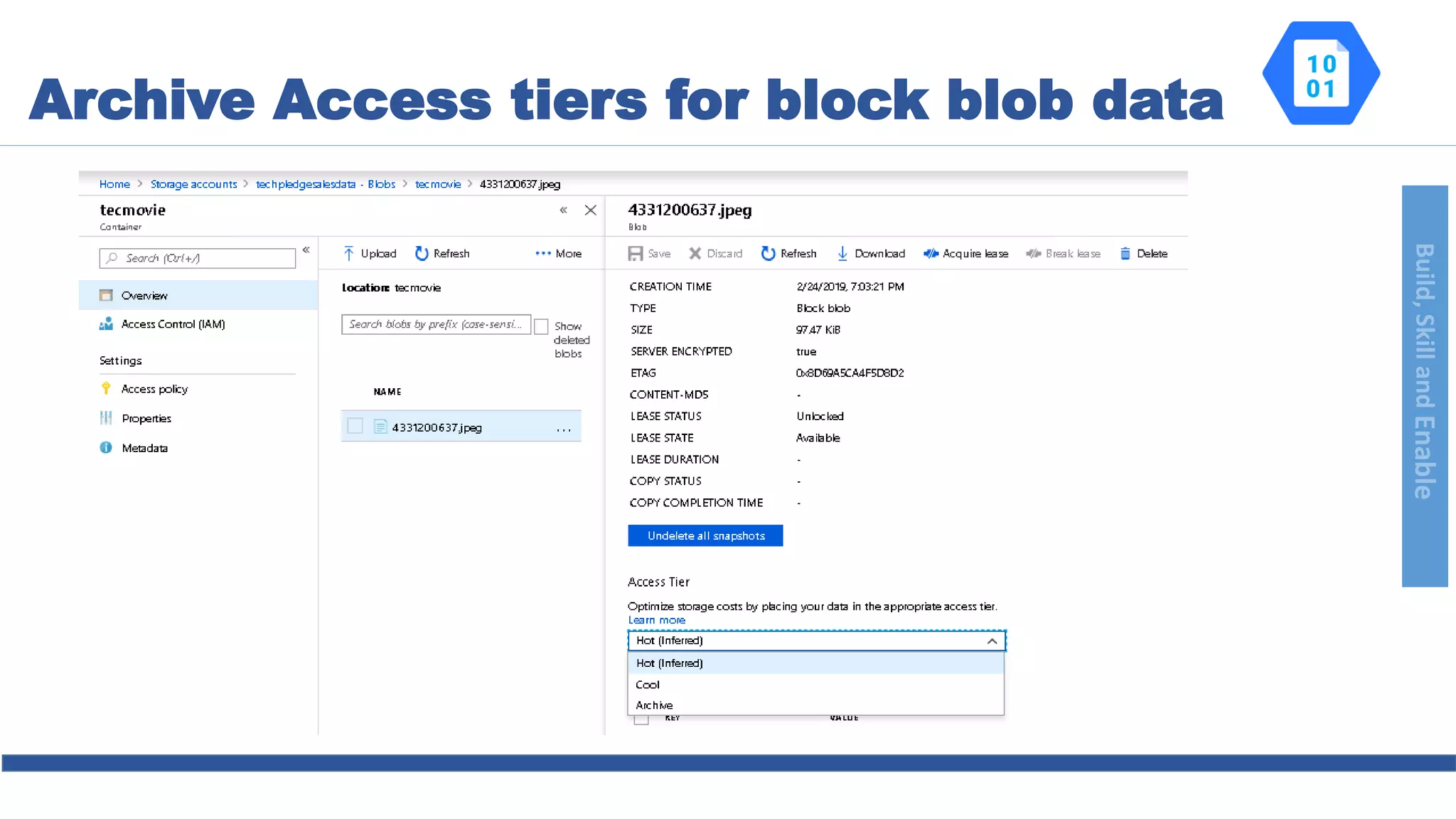 Build,SkillandEnable
Archive Access tiers for block blob data
 