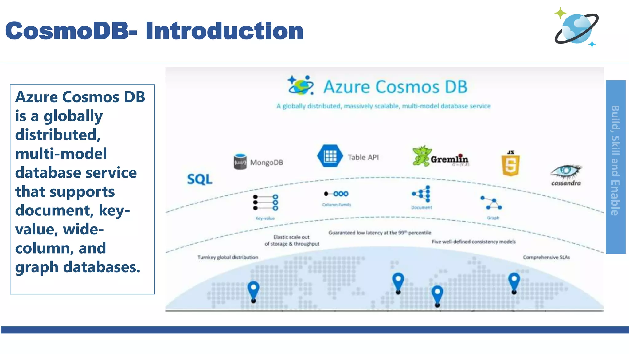 Build,SkillandEnable
CosmoDB- Introduction
Azure Cosmos DB
is a globally
distributed,
multi-model
database service
that supports
document, key-
value, wide-
column, and
graph databases.
 