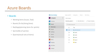 Azure Boards
• Boards
• Working Items (Issues, Task)
• Boards (To-Do,Doing,Done)
• Backlogs(planning items for sprints)
• Sprints(No of sprints)
• Queries(result sets of items)
 