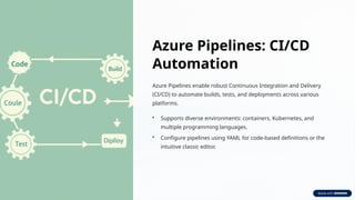 Azure Pipelines: CI/CD
Automation
Azure Pipelines enable robust Continuous Integration and Delivery
(CI/CD) to automate builds, tests, and deployments across various
platforms.
• Supports diverse environments: containers, Kubernetes, and
multiple programming languages.
• Configure pipelines using YAML for code-based definitions or the
intuitive classic editor.
 