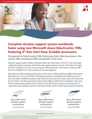 Complete decision support system workloads
faster using new Microsoft Azure Edsv5-series VMs
featuring 3rd
Gen Intel Xeon Scalable processors
Compared to Edsv4-series VMs featuring older Intel processors, the
newer VMs completed DSS workloads in less time
Decision support system (DSS) workloads collect raw information and turn it into actionable
insights that help companies of all kinds make better business choices. The fresher the data,
the more valuable it is. If you are running your DSS workloads in the cloud, choosing a VM
that can complete them more quickly can be advantageous.
We tested the DSS workload performance of two types of Microsoft Azure VMs: Edsv5-series
VMs featuring 3rd
Gen Intel®
Xeon®
Scalable processors and Edsv4-series VMs featuring 2nd
Gen Intel Xeon Scalable processors. We looked at three sizes from each series and found that
for all of them, the latest-generation Edsv5-series VMs completed the workloads in less time.
This increased query speed could translate to less VM uptime, saving on business costs. It
might also mean getting important information earlier, which could improve decision-making.
Up to 20% faster
decision support
performance
on 16-vCPU VMs*
Up to 22% faster
decision support
performance
on 8-vCPU VMs*
Up to 24% faster
decision support
performance
on 64-vCPU VMs*
*compared to Edsv4-series VMs
Complete decision support system workloads faster using new Microsoft Azure
Edsv5-series VMs featuring 3rd
Gen Intel Xeon Scalable processors
August 2022
A Principled Technologies report: Hands-on testing. Real-world results.
 