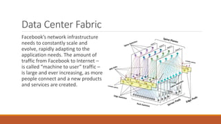 Data Center Fabric
Facebook’s network infrastructure
needs to constantly scale and
evolve, rapidly adapting to the
application needs. The amount of
traffic from Facebook to Internet –
is called “machine to user” traffic –
is large and ever increasing, as more
people connect and a new products
and services are created.
 