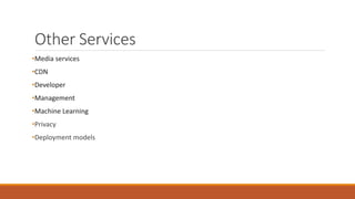 Other Services
•Media services
•CDN
•Developer
•Management
•Machine Learning
•Privacy
•Deployment models
 