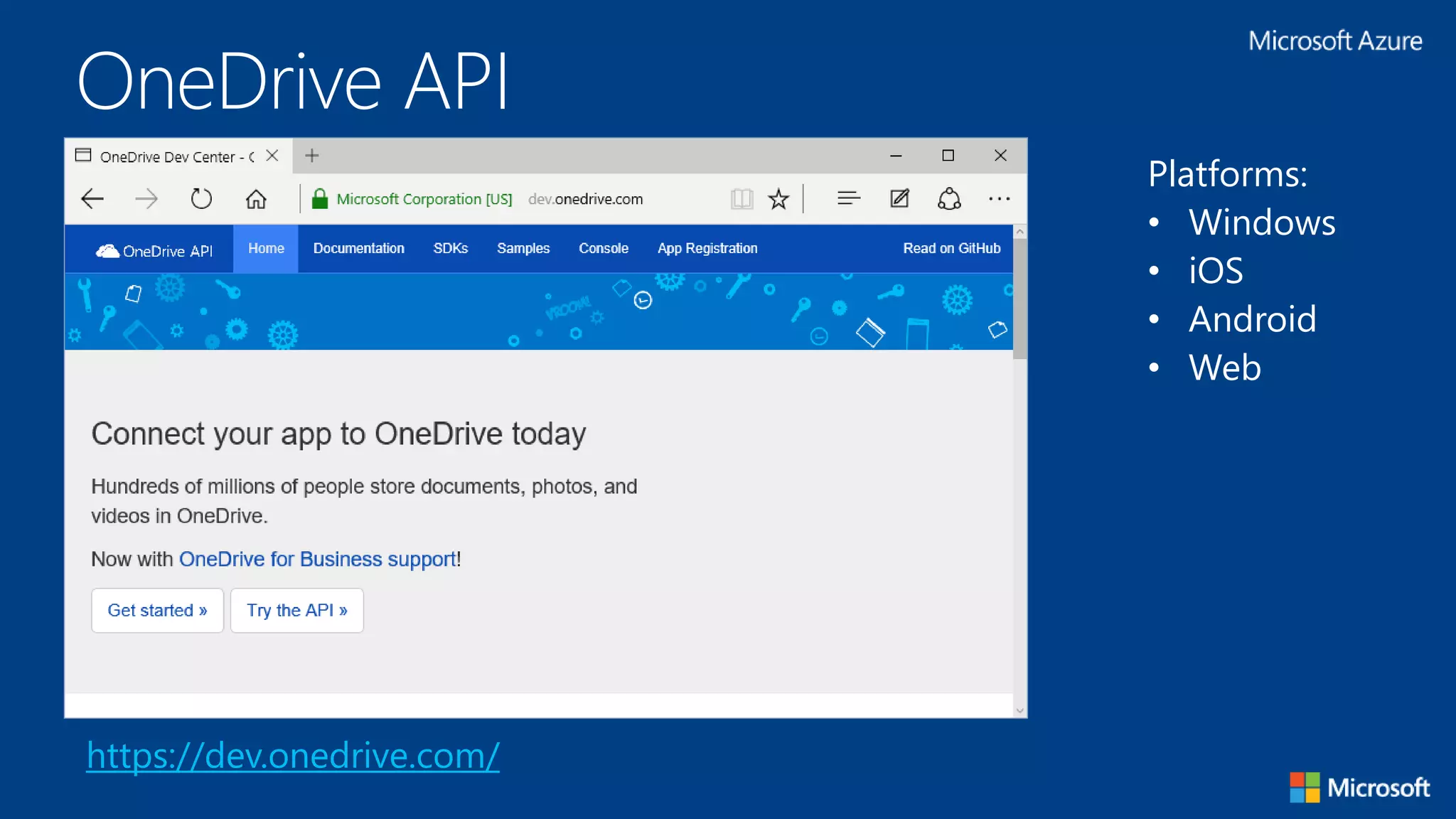 Bing Developer Center
https://www.bing.com/dev/
Dev Center:
• Maps
• Speech
• Translator
• Search
• Synonyms
• … and more!
 