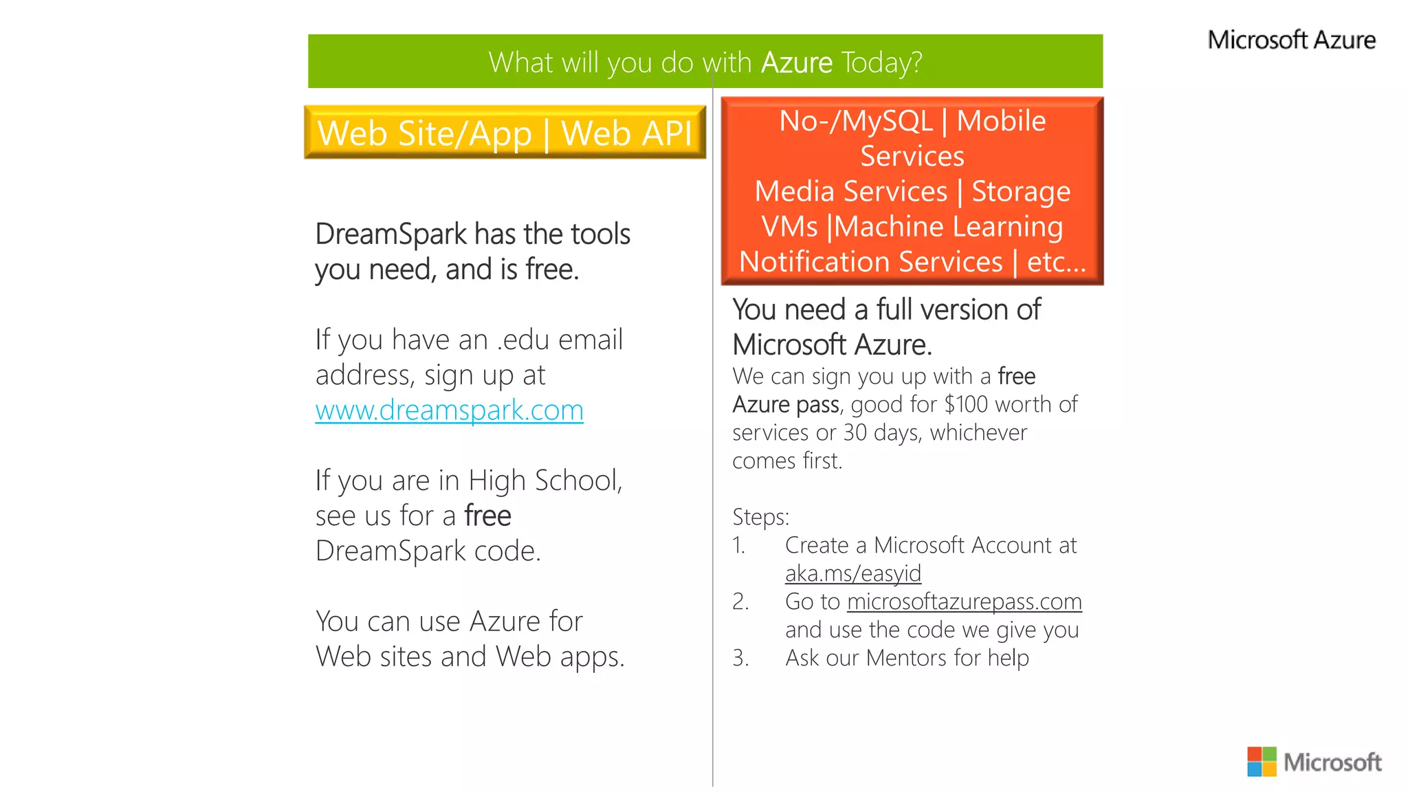 Virtual Machines
https://azure.microsoft.com/en-us/services/virtual-machines/
Options:
• Windows
• Linux
• Pre-configured
 