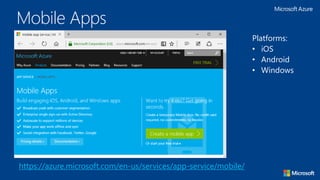 Web Apps
https://azure.microsoft.com/en-us/services/app-service/web/
Languages:
• .NET
• Java
• PHP
• Node.js
• Python
 