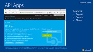 Logic Apps
https://azure.microsoft.com/en-us/services/app-service/logic/
Features:
• Integrate
• Automate
• Connect
 