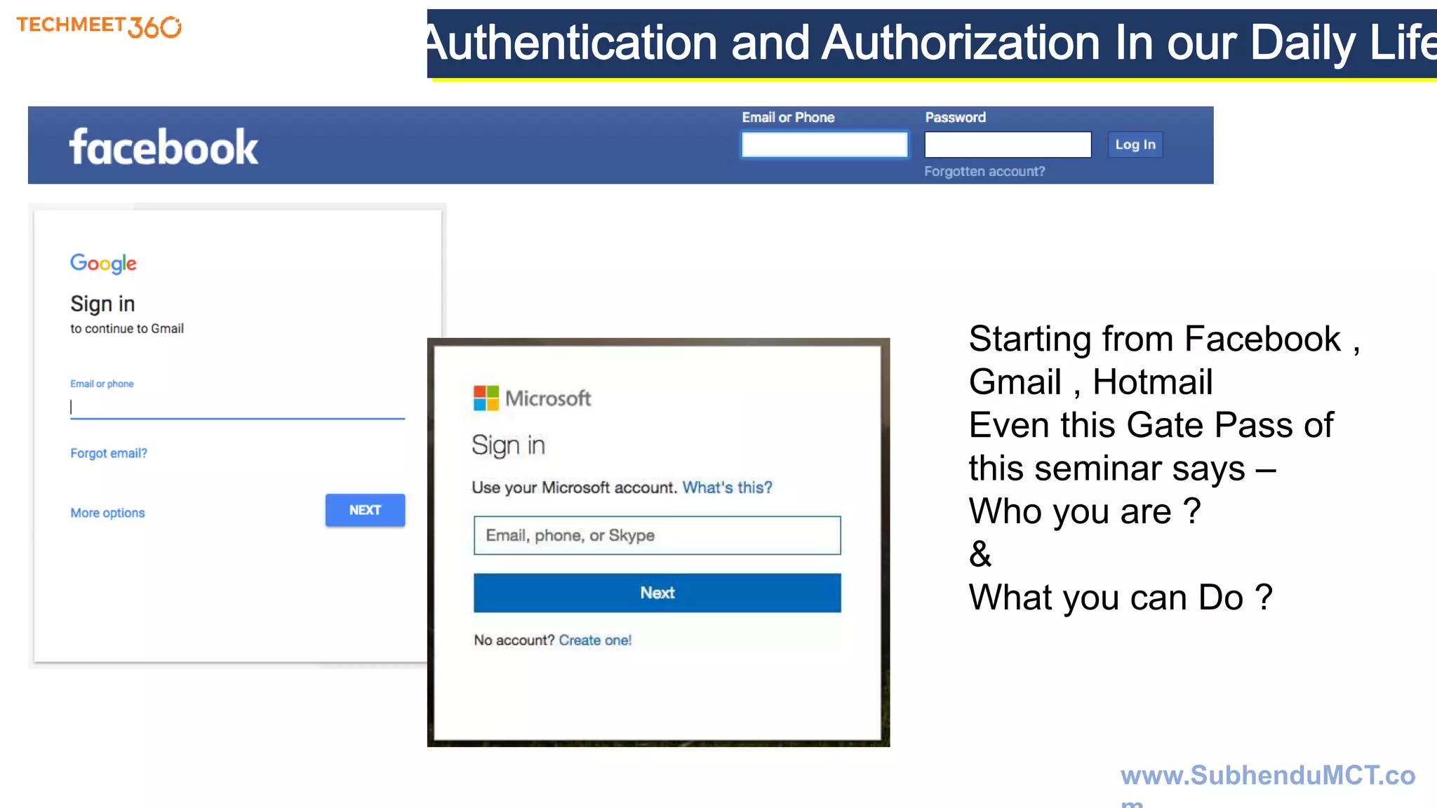 Starting from Facebook ,
Gmail , Hotmail
Even this Gate Pass of
this seminar says –
Who you are ?
&
What you can Do ?
www.SubhenduMCT.co
 