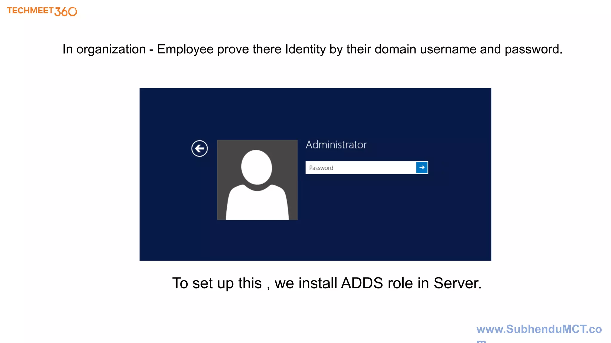 In organization - Employee prove there Identity by their domain username and password.
To set up this , we install ADDS role in Server.
www.SubhenduMCT.co
 