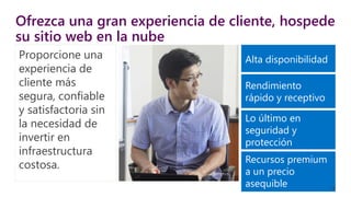 Proporcione una
experiencia de
cliente más
segura, confiable
y satisfactoria sin
la necesidad de
invertir en
infraestructura
costosa.
Ofrezca una gran experiencia de cliente, hospede
su sitio web en la nube
Alta disponibilidad
Rendimiento
rápido y receptivo
Lo último en
seguridad y
protección
Recursos premium
a un precio
asequible 14
 