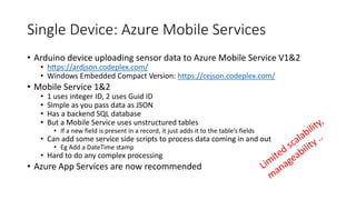 Single Device: Azure Mobile Services
• Arduino device uploading sensor data to Azure Mobile Service V1&2
• https://ardjson.codeplex.com/
• Windows Embedded Compact Version: https://cejson.codeplex.com/
• Mobile Service 1&2
• 1 uses integer ID, 2 uses Guid ID
• Simple as you pass data as JSON
• Has a backend SQL database
• But a Mobile Service uses unstructured tables
• If a new field is present in a record, it just adds it to the table’s fields
• Can add some service side scripts to process data coming in and out
• Eg Add a DateTime stamp
• Hard to do any complex processing
• Azure App Services are now recommended
 