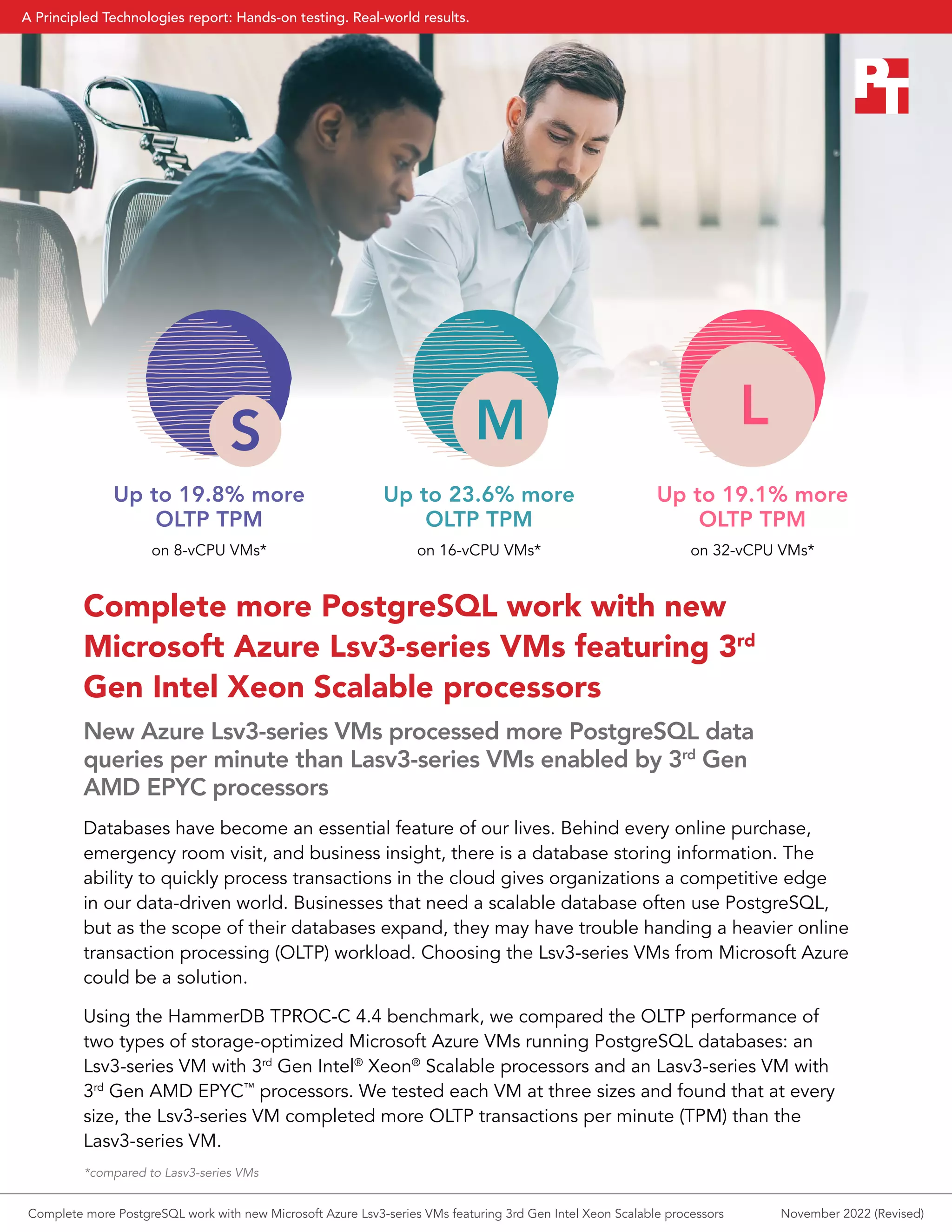 Complete more PostgreSQL work with new
Microsoft Azure Lsv3-series VMs featuring 3rd
Gen Intel Xeon Scalable processors
New Azure Lsv3-series VMs processed more PostgreSQL data
queries per minute than Lasv3-series VMs enabled by 3rd
Gen
AMD EPYC processors
Databases have become an essential feature of our lives. Behind every online purchase,
emergency room visit, and business insight, there is a database storing information. The
ability to quickly process transactions in the cloud gives organizations a competitive edge
in our data-driven world. Businesses that need a scalable database often use PostgreSQL,
but as the scope of their databases expand, they may have trouble handing a heavier online
transaction processing (OLTP) workload. Choosing the Lsv3-series VMs from Microsoft Azure
could be a solution.
Using the HammerDB TPROC-C 4.4 benchmark, we compared the OLTP performance of
two types of storage-optimized Microsoft Azure VMs running PostgreSQL databases: an
Lsv3-series VM with 3rd
Gen Intel®
Xeon®
Scalable processors and an Lasv3-series VM with
3rd
Gen AMD EPYC™
processors. We tested each VM at three sizes and found that at every
size, the Lsv3-series VM completed more OLTP transactions per minute (TPM) than the
Lasv3-series VM.
Up to 23.6% more
OLTP TPM
on 16-vCPU VMs*
Up to 19.8% more
OLTP TPM
on 8-vCPU VMs*
Up to 19.1% more
OLTP TPM
on 32-vCPU VMs*
*compared to Lasv3-series VMs
Complete more PostgreSQL work with new Microsoft Azure Lsv3-series VMs featuring 3rd Gen Intel Xeon Scalable processors November 2022 (Revised)
A Principled Technologies report: Hands-on testing. Real-world results.
 