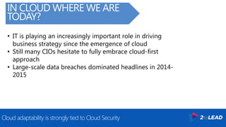 Cloud adaptability is strongly tied to Cloud Security
IN CLOUD WHERE WE ARE
TODAY?
• IT is playing an increasingly important role in driving
business strategy since the emergence of cloud
• Still many CIOs hesitate to fully embrace cloud-first
approach
• Large-scale data breaches dominated headlines in 2014-
2015
 
