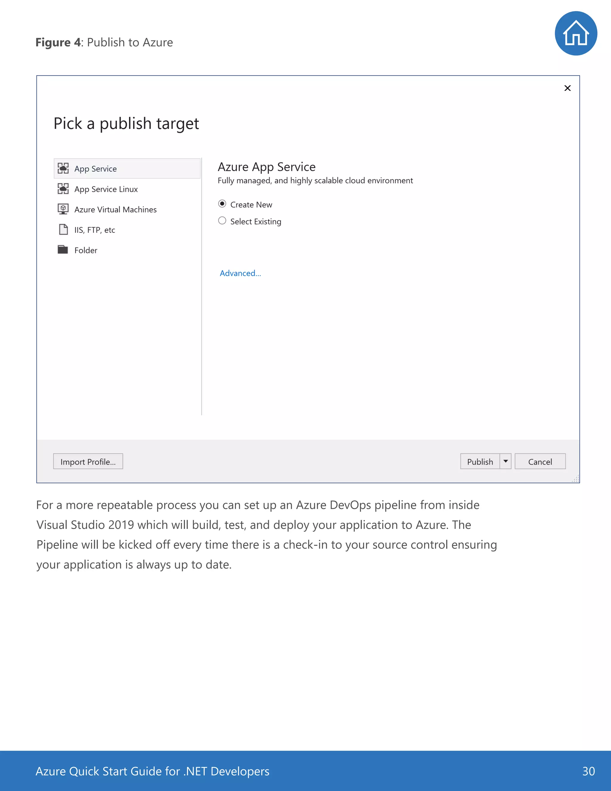 Azure Quick Start Guide for .NET Developers 30
Figure 4: Publish to Azure
For a more repeatable process you can set up an Azure DevOps pipeline from inside
Visual Studio 2019 which will build, test, and deploy your application to Azure. The
Pipeline will be kicked off every time there is a check-in to your source control ensuring
your application is always up to date.
 