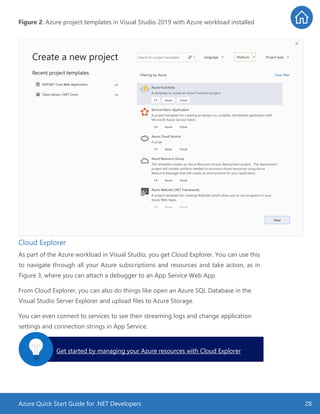 Azure Quick Start Guide for .NET Developers 28
Figure 2: Azure project templates in Visual Studio 2019 with Azure workload installed
Cloud Explorer
As part of the Azure workload in Visual Studio, you get Cloud Explorer. You can use this
to navigate through all your Azure subscriptions and resources and take action, as in
Figure 3, where you can attach a debugger to an App Service Web App.
From Cloud Explorer, you can also do things like open an Azure SQL Database in the
Visual Studio Server Explorer and upload files to Azure Storage.
You can even connect to services to see their streaming logs and change application
settings and connection strings in App Service.
Get started by managing your Azure resources with Cloud Explorer.
 