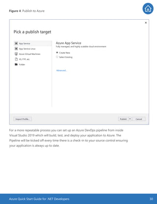 Azure Quick Start Guide for .NET Developers 30
Figure 4: Publish to Azure
For a more repeatable process you can set up an Azure DevOps pipeline from inside
Visual Studio 2019 which will build, test, and deploy your application to Azure. The
Pipeline will be kicked off every time there is a check-in to your source control ensuring
your application is always up to date.
 