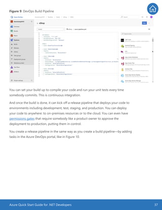 Azure Quick Start Guide for .NET Developers 37
Figure 9: DevOps Build Pipeline
You can set your build up to compile your code and run your unit tests every time
somebody commits. This is continuous integration.
And once the build is done, it can kick off a release pipeline that deploys your code to
environments including development, test, staging, and production. You can deploy
your code to anywhere: to on-premises resources or to the cloud. You can even have
permissions gates that require somebody like a product owner to approve the
deployment to production, putting them in control.
You create a release pipeline in the same way as you create a build pipeline—by adding
tasks in the Azure DevOps portal, like in Figure 10.
 