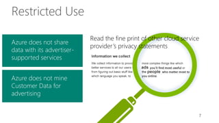 7
Restricted Use
Azure does not share
data with its advertiser-
supported services
Azure does not mine
Customer Data for
advertising
Read the fine print of other cloud service
provider’s privacy statements
 