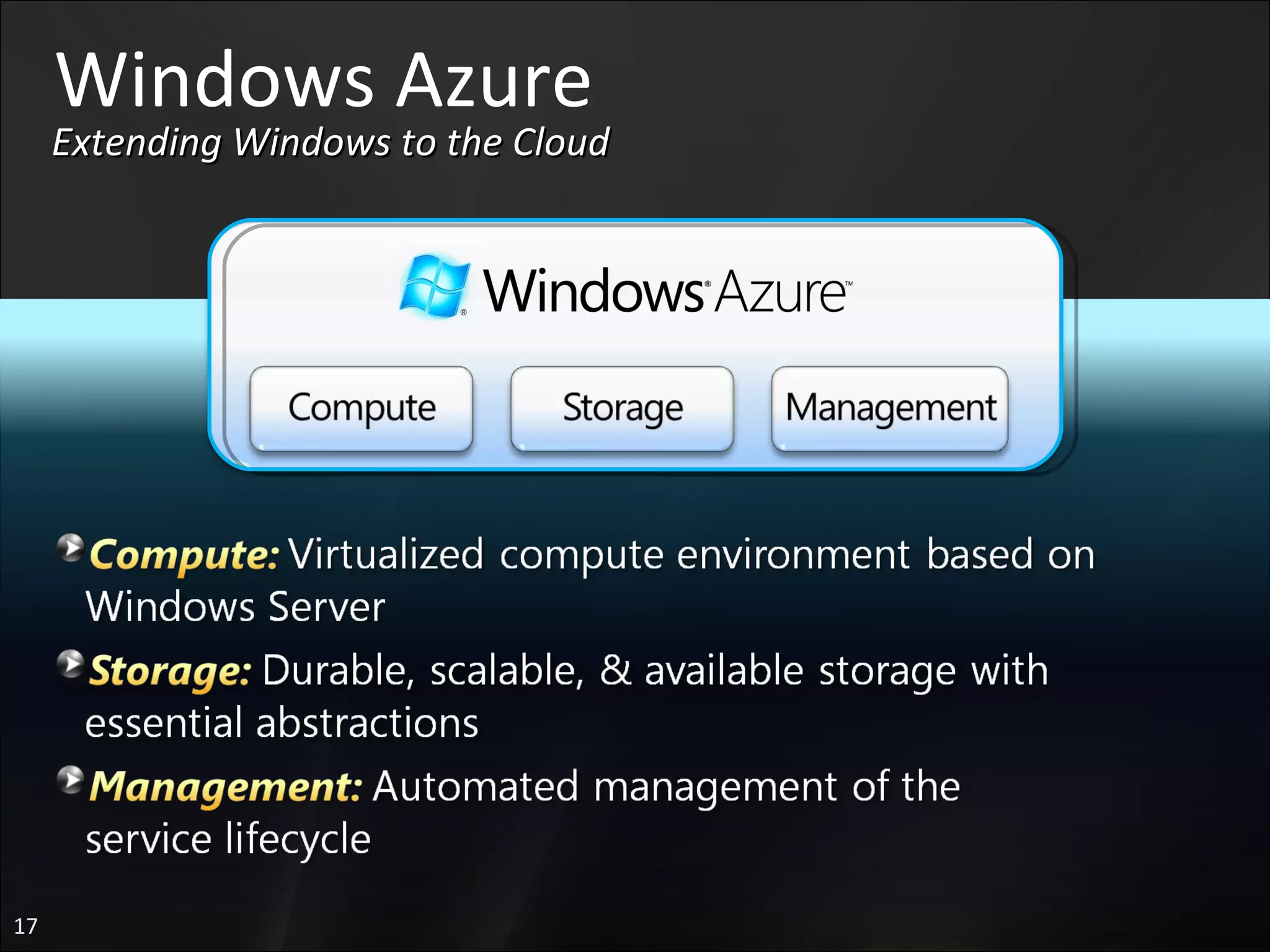 Windows Azure Extending Windows to the Cloud 