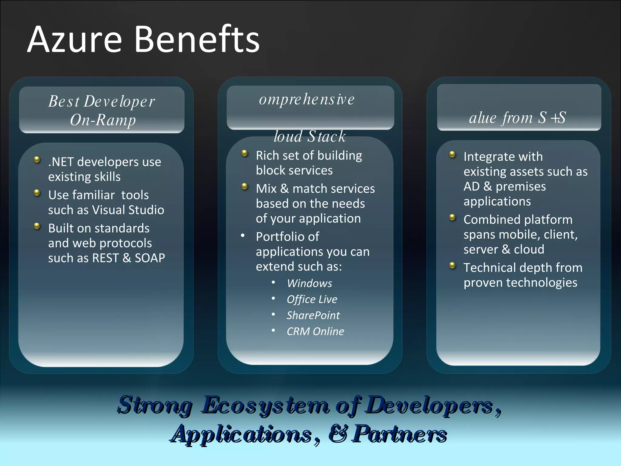 Azure Benefts Strong Ecosystem of Developers,  Applications, & Partners  Rich set of building block services Mix & match services based on the needs of your application Portfolio of applications you can extend such as: Windows Office Live  SharePoint CRM Online Comprehensive  Cloud Stack Integrate with existing assets such as AD & premises applications Combined platform spans mobile, client, server & cloud Technical depth from proven technologies Value from S+S .NET developers use existing skills Use familiar  tools such as Visual Studio Built on standards and web protocols such as REST & SOAP Best Developer On-Ramp 