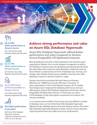 Achieve strong performance and value
on Azure SQL Database Hyperscale
Azure SQL Database Hyperscale offered better
performance and value compared to Amazon
Aurora PostgreSQL I/O-Optimized instances
Moving databases and other critical workloads to the cloud has given
organizations freedom from on-site hardware management as well as
the flexibility to expand resources alongside growing business demands.
But while these cloud instances reside elsewhere, traditional instances
have still been constrained by set limits of database size, memory, and
storage. Now, flexible infrastructures available in the cloud can allow
databases to grow on demand, based on usage.
Popular cloud service providers Microsoft Azure and Amazon
Web Services™
(AWS) each provide offerings in this space. To
assist organizations in their cloud selection process, the Principled
Technologies team evaluated the database performance and cost
effectiveness of Azure SQL Database Hyperscale and Amazon Aurora
PostgreSQL I/O-Optimized instances. In these tests, we used a
2.3TB database to fully utilize system components and used an I/O-
intensive workload.
In our testing across multiple vCore counts and using different numbers
of database users, we found that Azure SQL Database Hyperscale
offered stronger database performance than Amazon Aurora. Plus, Azure
SQL Database Hyperscale delivered a better value for cloud customers,
improving performance per dollar by as much as 68 percent.
Up to 38%
better performance vs.
Amazon Aurora
with 32vCore Azure SQL
Database Hyperscale (96 users)
Up to 68%
better performance vs.
Amazon Aurora
with 16vCore Azure SQL
Database Hyperscale (96 users)
Up to 68% better
performance/dollar vs.
Amazon Aurora
with 16vCore Azure SQL
Database Hyperscale (96 users)
Get better performance
as you grow
Both Azure SQL Database
Hyperscale instances
outperformed Amazon Aurora
at 64, 96, and 128 users
Achieve strong performance and value on Azure SQL Database Hyperscale February 2024 (Revised)
A Principled Technologies report: Hands-on testing. Real-world results.
 
